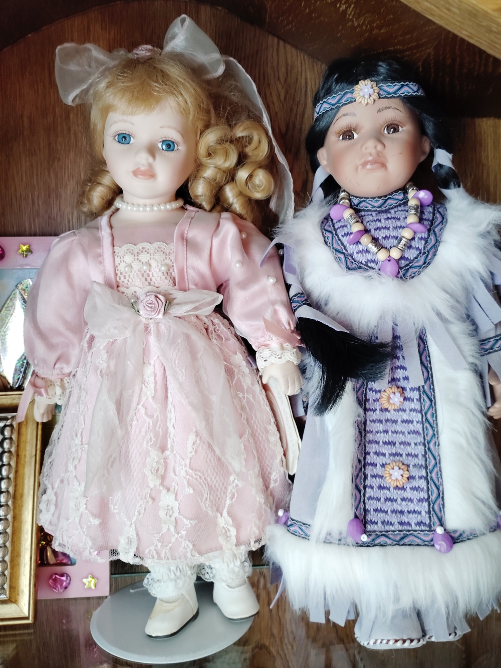 Pink Porcelain Princess And Native American Doll